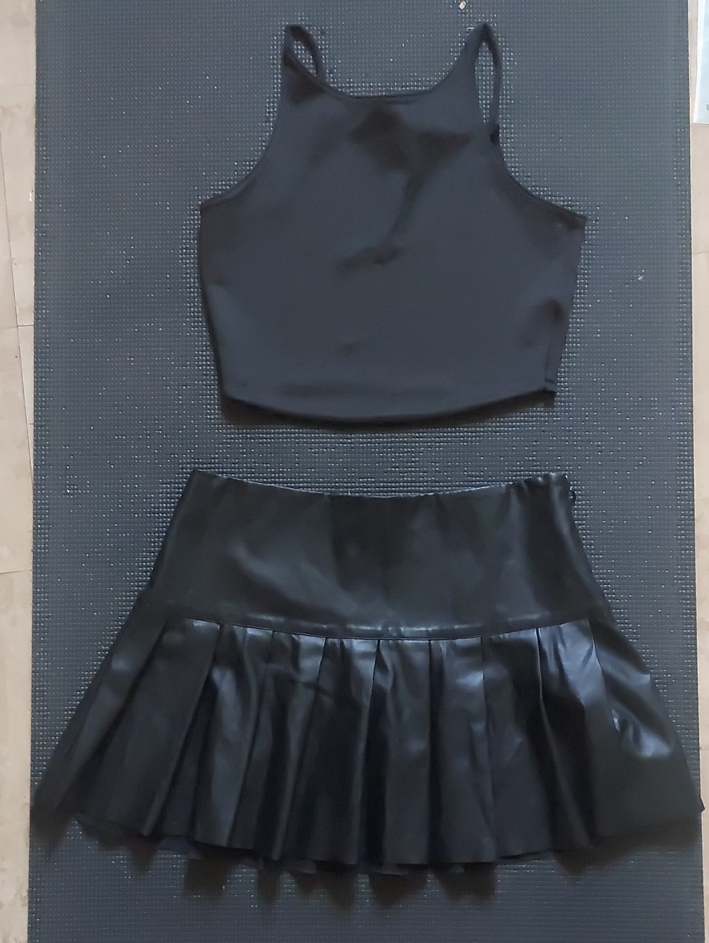 Black Pleated Faux Leather Mini Skirt And Cropped Tank